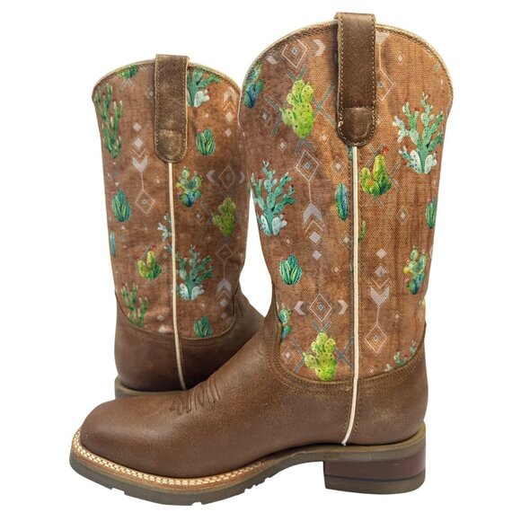 Roper Women's Vintage Brown Broad Square Toe Boots with Cactus & Aztec Size 9 - Picture 2 of 10